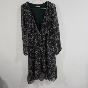 Elana Baldi‎ Womens Silk Blend Midi Faux Wrap Dress Large Floral Dainty Green
